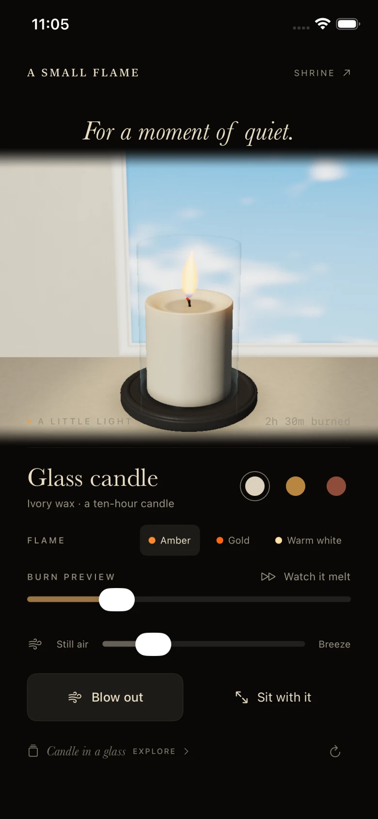 A candle in a glass holder, one of the optional paid candle designs in the prototype